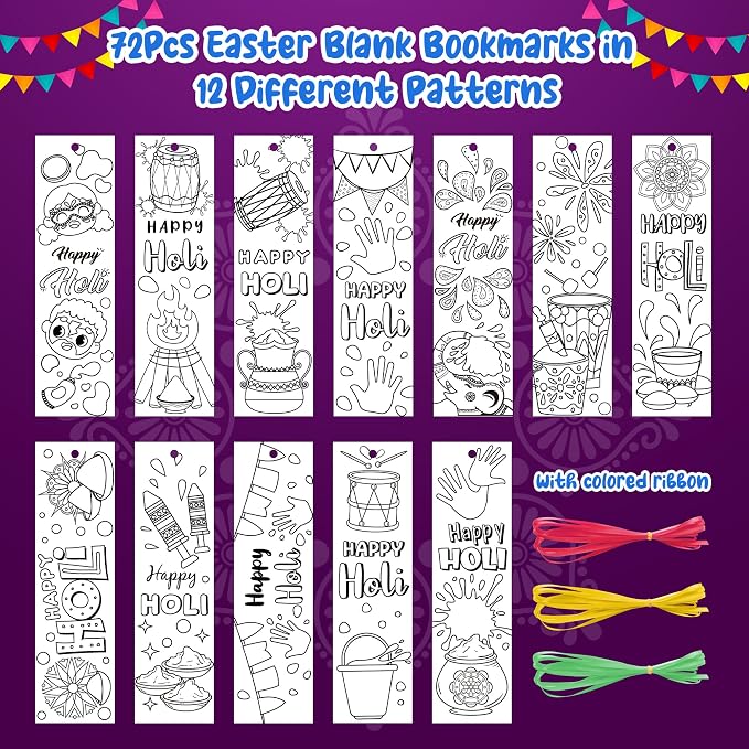 75Pcs Holi Color Your Own Bookmarks Happy Holi DIY Coloring Blank Bookmark Classroom Art Craft Supplies for Teachers Students Indian Festival Holiday Party Gift Supplies Reward Goodie Fillers