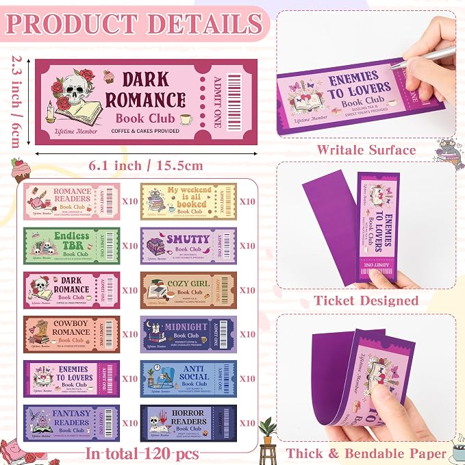 Laffact 120Pcs Funny Book Club Ticket Bookmark, Cowboy Romance Reading Tracker, Dark Romance Horror Anti Social Fantasy Readers Accessories Supplies Bookish Gifts Page Clip for Women Men Book Lover