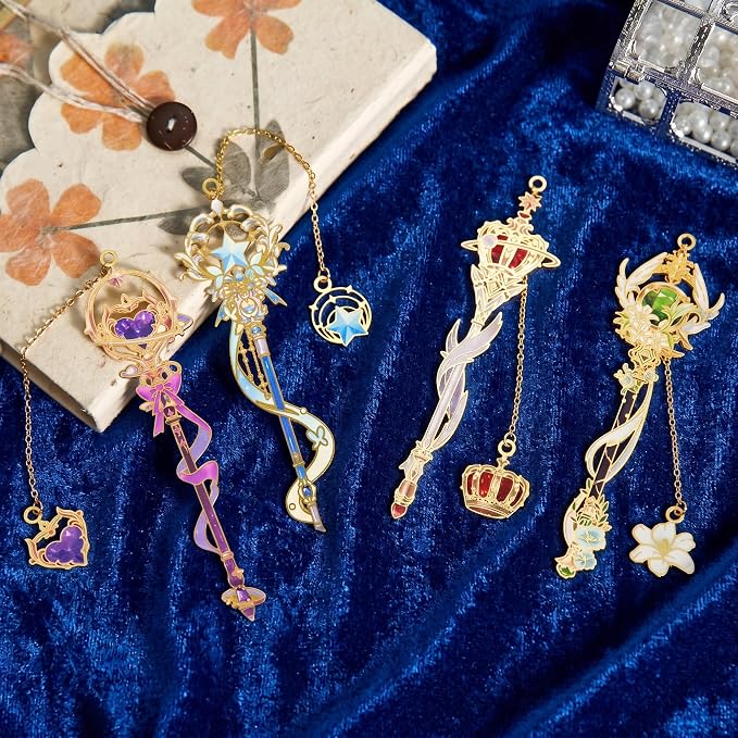 4 PCS Fantasy Wand Bookmarks, Magic Metal Book Marks for Reading Women, Girls, Birthday Christmas Gifts