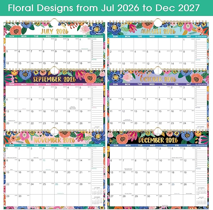 Calendar 2026-2027 - Wall Calendar 2026-2027, July 2026 to December 2027, 11" x 8.5", 26-27 Calendar 18 Monthly with Thick Paper + Julian Date - Floral