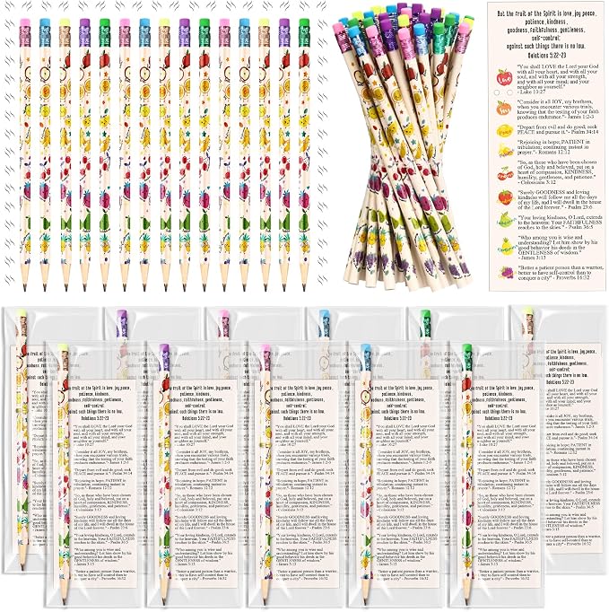 Dunzoom 100 Set Fruits of The Spirit Gift Fruit Scented Pencil with Eraser Christian Bookmark Religious Sunday School Prize Christian VBS Gifts for Church Gift Exchange (English)