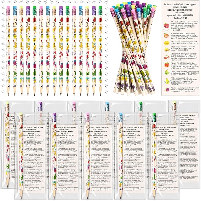 Dunzoom 36 Set Fruits of The Spirit Gift Fruit Scented Pencil with Eraser Christian Bookmark Religious Sunday School Prize Christian VBS Gifts for Church Gift Exchange (English)