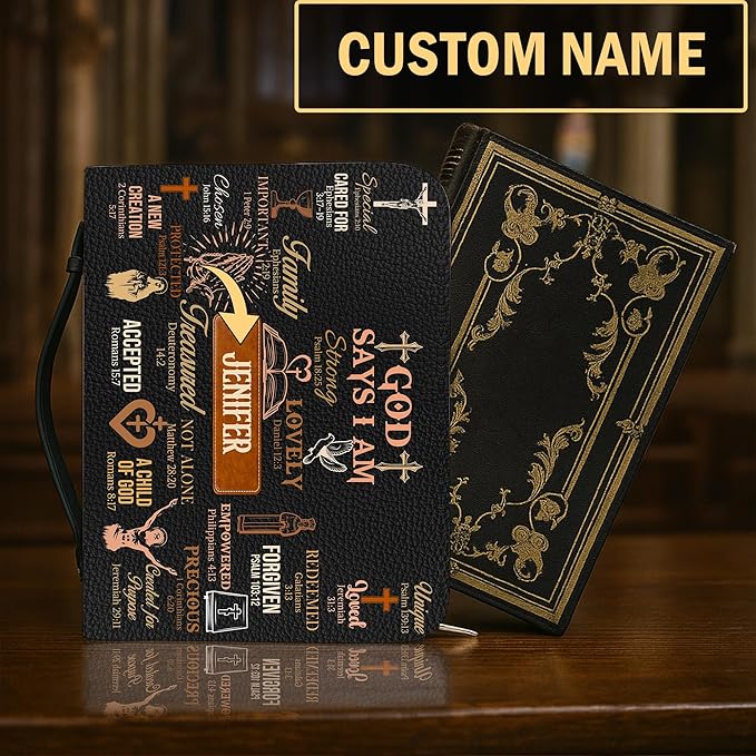 Personalized Man of God Bible Cover, God Says I Am Bible Case PU Leather, Bible Holder Handle Zipper, Faith Scripture with Name Case Bag, Religious Gifts for Church Christians Women Men (GOD-12)