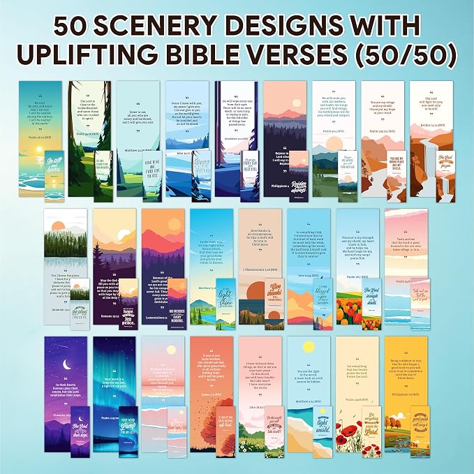 Decorably 100 Pack 2x6.5in Christian Bookmarks for Women and Men - 50 Scenery Designs Double-Sided Inspirational Verse Bible Book Markers - Journals, Bible, and Faithful Reflection