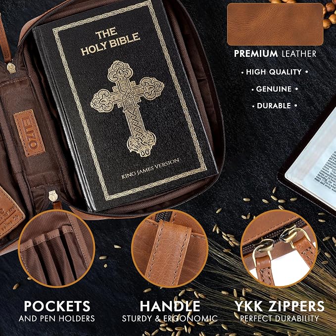 ELIZO Leather Bible Cover for Men Bible Case for Women Zippered Holder Protector Cross Church Tote Bag Carrying Organizer Sleeve Gift Standard Tan