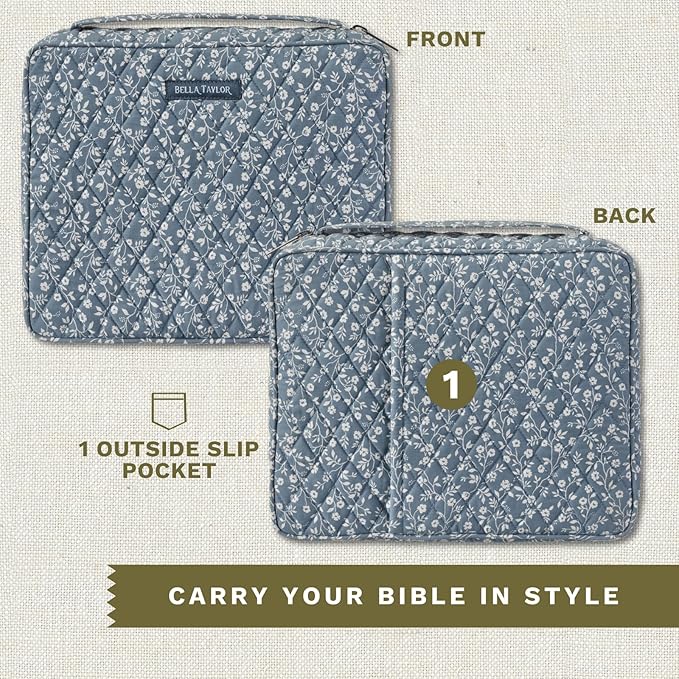 Bella Taylor Quilted Bible Cover for Women, Cotton Fabric Bible Case for Medium and Large Study Bibles, Heritage Blue Floral