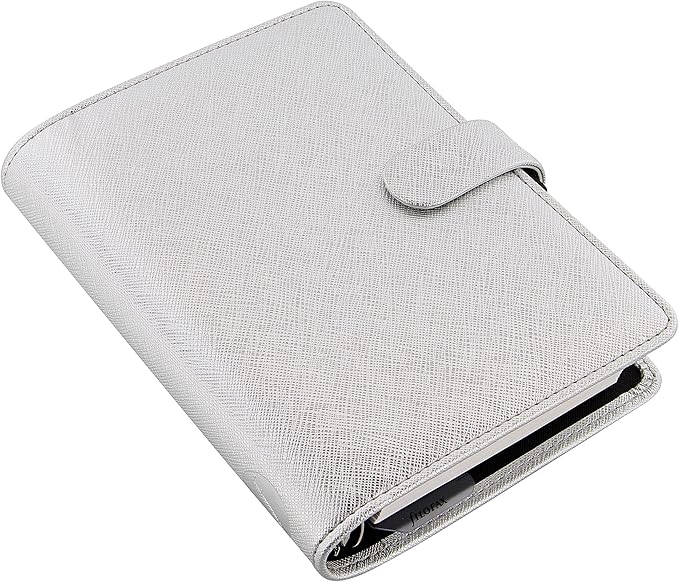 Filofax Saffiano Metallic Organizer, Personal Size, Silver - Cross-Grain, Leather-Look, Bright Metallic Finish, Six Rings, Week-to-View Calendar Diary, Multilingual, 2025 (C028754-25)