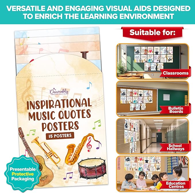 Decorably 15 Music Posters for Classroom Elementary and High School, 11x14in Inspirational Matte-Laminated for Learning Spaces, Hallways, Bulletin Boards, Home Study Room