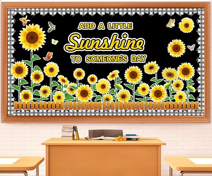 Sunflower Spring Bulletin Board Set – Thanksgiving Motivational Cutouts with Butterflies & Fences – Classroom Cardstock Decor for Window, Wall, Door, Home, Office, Nursery & School Displays
