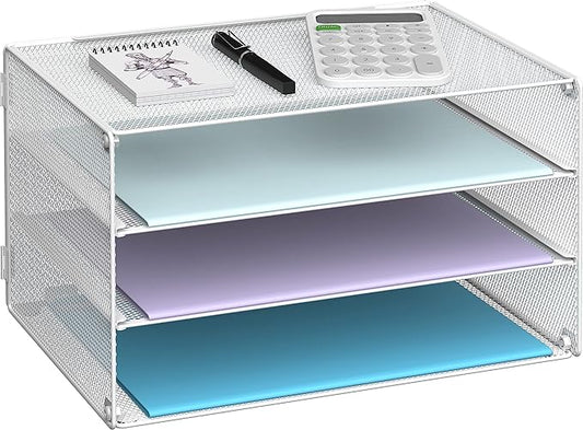 DALTACK 3 Tier Letter Tray Paper Organizer for Desk, Mesh Metal Desk File Organizer with Sliding Trays for Letter/A4 Paper, Mail, Bills & Folders, White