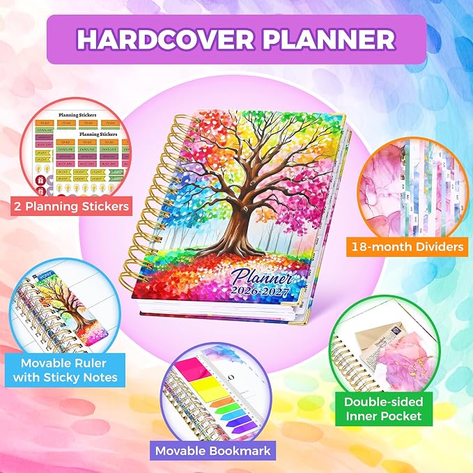 Planner 2026-2027, 18 Month Weekly and Monthly Academic Planner, July. 2026 - Dec. 2027, 6.6" x 8.3" A5 Hardcover Calendar Planner with Page Tabs, Separator Page, Inner Pocket, Bookmark, Stickers, Sticky Note Set