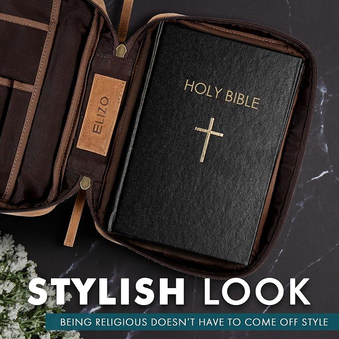 ELIZO Leather Bible Cover for Men Bible Case for Women Zippered Holder Protector Cross Church Tote Bag Carrying Organizer Sleeve Gift Standard Saddle