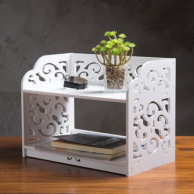 MyGift 2 Tier Vintage White Desktop Bookshelf Organizer Display Stand with Scrollwork Cut Out Design for Home Office Desk, Living Room, Bedroom