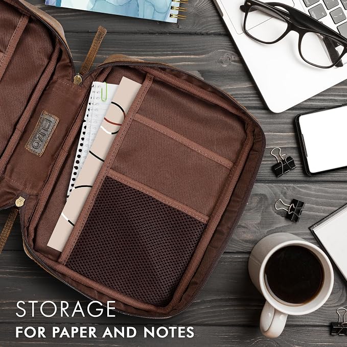 ELIZO Leather Bible Cover for Men Bible Case for Women Zippered Holder Protector Cross Church Tote Bag Carrying Organizer Sleeve Gift Study Antique