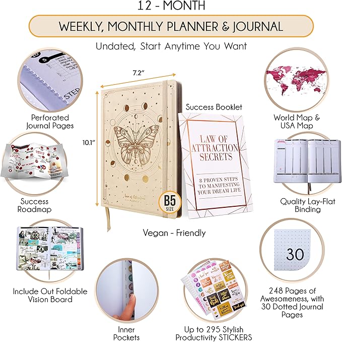 Deluxe Weekly and Monthly Planner | Law of Attraction Planner with Productivity App | 12-Month for Productivity, Gratitude & Goal Setting | Includes Foldable Vision Board, Gift Box & Stickers
