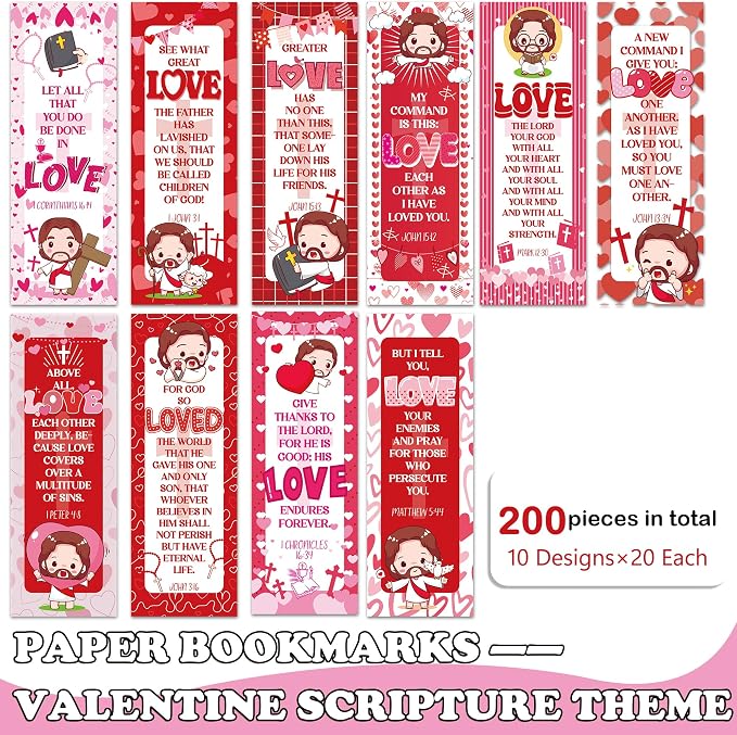 Valentine Christian Bookmarks, 200 Pcs Scripture-Themed Paper Book Marks (5.9 × 1.97 in), Double-Sided Matte Laminated Bible Verse Bookmark Set for Reading, Sharing & Encouragement