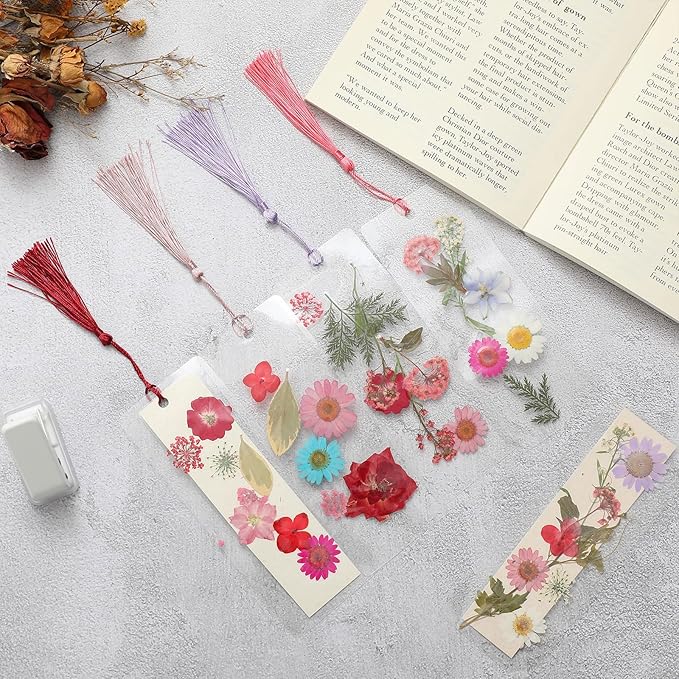 Fuyoooo 376 Pcs Dried Flower Bookmark Making Kit, DIY Bookmark Laminating Pouches with Tassels and Puncher, Handmade Craft Kit for Women, DIY Gifts for Book Lovers (Rainbow Color,2 x 8 Inch)