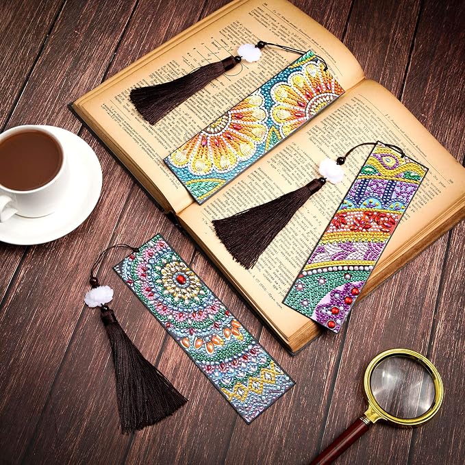 Outus 3 Pieces Diamond Art Bookmark Diamond Tassel Beaded Painting Bookmark DIY Leather Tassel for Graduation Birthday Embroidery Arts Crafts Christmas Supplies