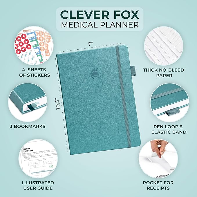 Clever Fox Large Medical Planner 12-Month – Medical Notebook, Health Diary, Wellness Journal to Track Health – 12 Months, 7x10.5″ (Aquamarine)