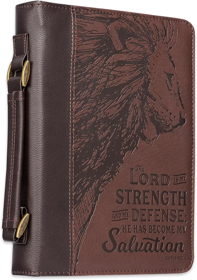 Christian Art Gifts Men's Classic Bible Cover The Lord is My Strength Lion Exodus 15:2, Brown Faux Leather, Large