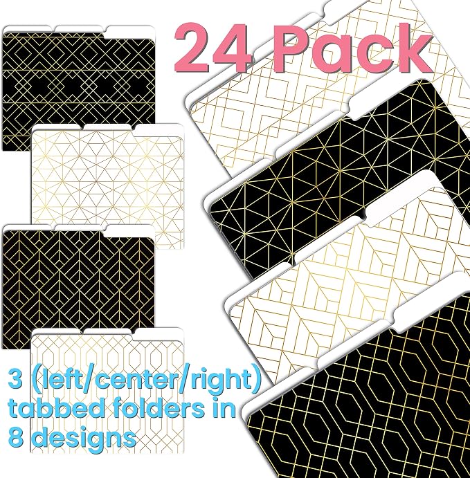 Better Office Products Decorative File Folders, 24 Pack, 8 Designs (4 Black & 4 White) Heavyweight, Letter Size (9.5" x 11.5") with 1/3 Cut Tab, Geometric Gold Foil Designs, Fashion Folders