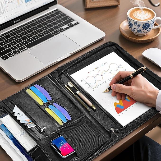 Zippered Leather Padfolio Organizer, Multifunctional Business Portfolio Folder with Zipper, Card Holders Pockets, Notepad Executive File Document Binder for Women Men (Black)
