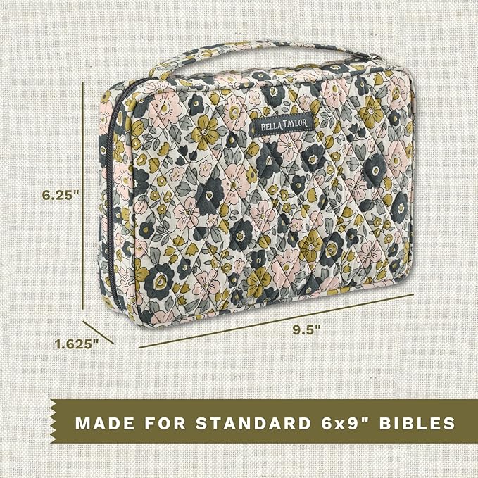 Bella Taylor Small Bible Cover for Women - Quilted Cotton Bible Case for 6 x 9 inch Books - Delicate Floral Charcoal