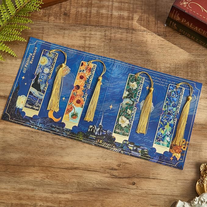 4 PCS Metal Bookmark with Tassel, Van Gogh Art Book Marks for Reading Women & Men,Book Lover Gifts for Teacher, Writers, Readers
