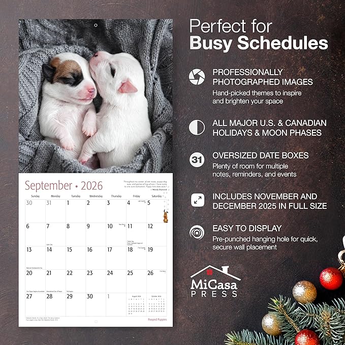 MICASA PRESS Pooped Puppies 2026 Wall Calendar 12 Month | 12" x 24" Open | Thick & Sturdy Paper | Giftable | Cute Funny Puppy Dog Calendar 2026