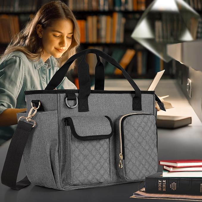 LUXJA Large Bible Bag with Water Bottle Pocket and Shoulder Strap, Bible Tote Bag for Women with Multiple Pockets (Bag Only), Gray