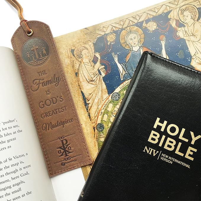 Leather Bible Bookmarks - 2 Leather Christian Bookmarks with Inspirational Verse | The Family is God’s Greatest Masterpiece | Perfect Religious Book Marker Gifts for Men, Women, Readers, Family