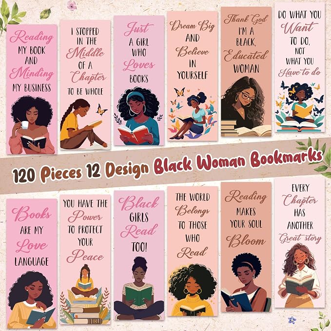 Laffact Book Tracker Bookmarks for Black Girls Women, 120Pcs African Americans Paper Bookmarks Bulk, 6.1”×2.4” Double-Sided Reading Page Marker, Bookish Gifts for Book Lover School Library Supplies