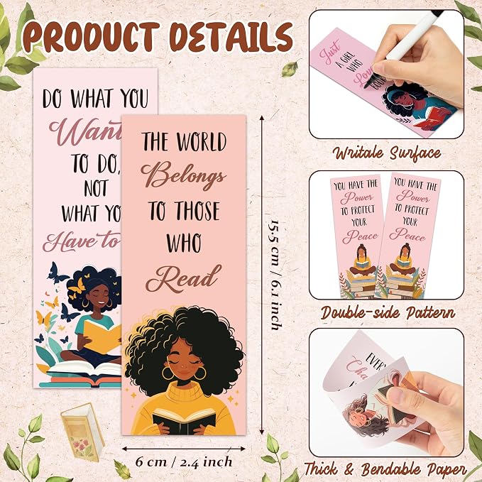Laffact 240Pcs Book Tracker Bookmarks, Black Girls Themed Paper Bookmarks Bulk, 6.1”×2.4” Double-Sided Reading Page Marker, Black Woman Bookish Gifts for Book Lover School Library Supplies Accessories