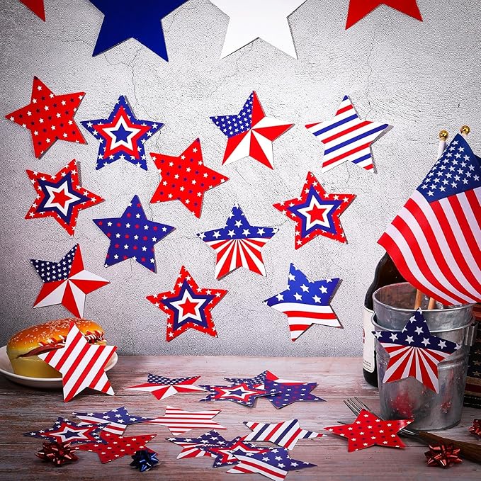 Geyee 108 Pcs Patriotic Star Cutouts 4th of July Paper Star Cutouts Independence Day Stars Accents for Memorial Day DIY Bulletin Board Star Cutouts for Kids Patriotic Theme Party Decor