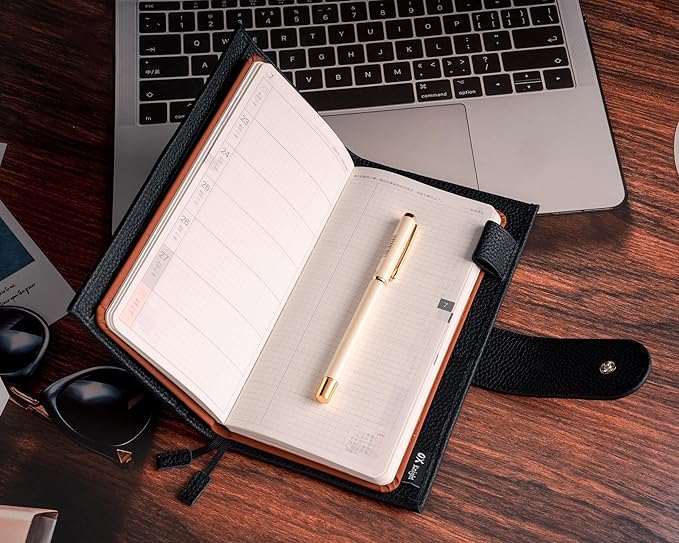 Genuine Leather Cover for Hobonichi Weeks/Weeks Mega with Pen Loop, Card Slots, Back Pocket, and Bookmarks (Black)