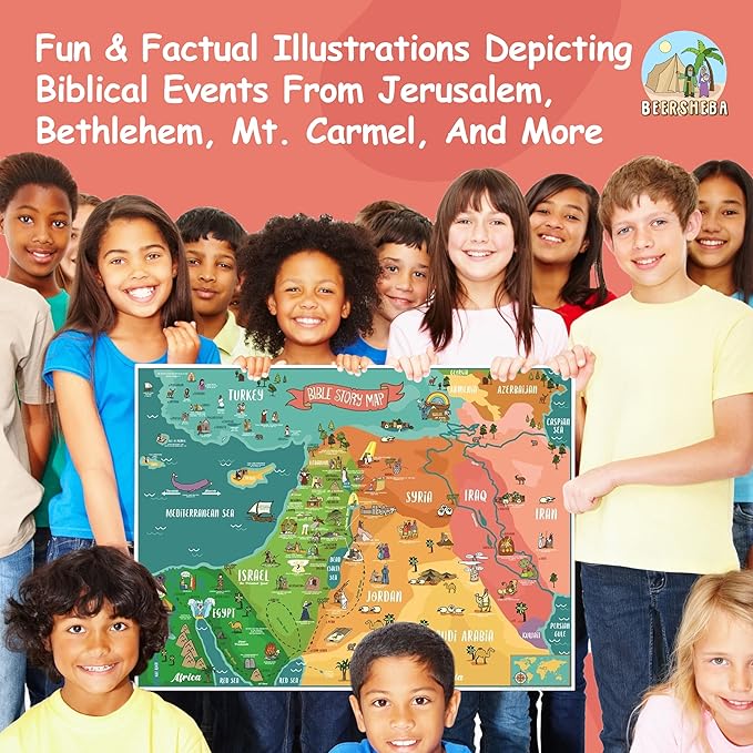 Bible Story Map Poster for Kids, Laminated 17.5" x 24" – 70+ Illustrated Bible Stories for Kids, Classroom & Homeschool, Bulletin Board, Sunday School Educational Wall Chart + 4 Printable Worksheets