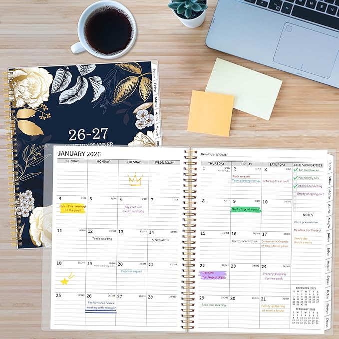 2026-2027 Monthly Planner, 2 Year Calendar Planner, Jan 2026 - Dec 2027, 8.5’’ x 11’’, Large Spiral Agenda, 24 Months, with Tabs ＆Pocket, Flexible Cover, Organizer for Office Home School, Gold
