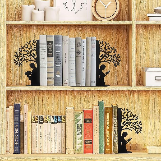 Tree of Life Bookends Decorative Couple Book Ends for Shelves, Black Metal Bookends for Heavy Books, Book Organizer for Desk Bookshelf Home Office Book Stopper Valentines Day Gifts