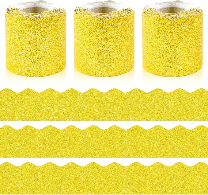 3 Rolls 98.4 Ft Glitter Bulletin Board Borders Set - Gold Bulletin Board Decorations for Classroom, Office，School Supplies & Home DIY - Perfect for Teachers, Posters & Birthday Party Decor
