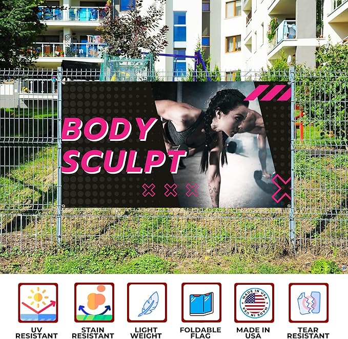 Body Scullpt Large Banners and Signs for Outdoor by Mavis Printing-Polyester Banner with 4 Holes for Easy Hang Indoor & Outdoor|4x1 Feet HD Print Sign to Promote Church| Made in USA
