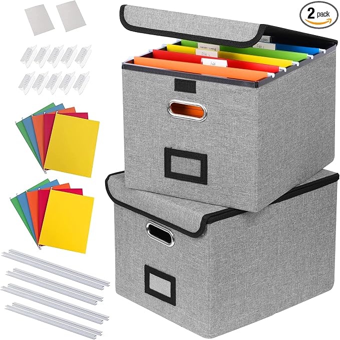 2Pack File Storage Organizer with 10 Hanging Folders & Plastic Slide, Collapsible Linen File Box with Lid for Office, Home, Moving, Portable File Storage Organizer for Letter/Legal Size, Pink