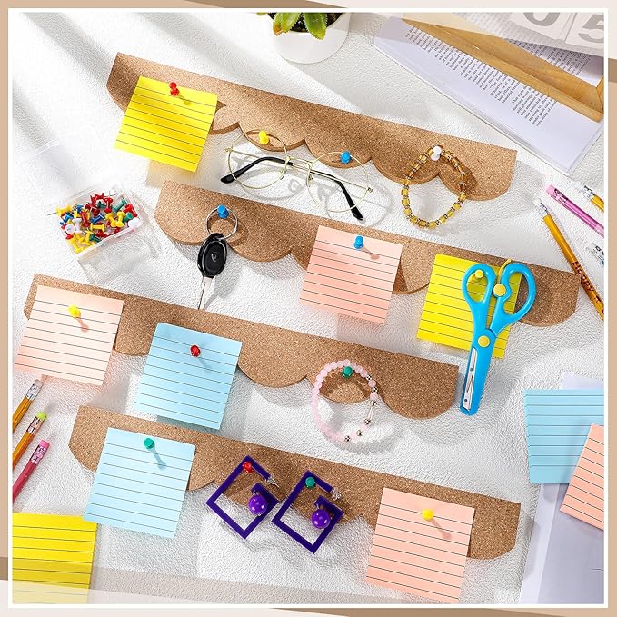 CroBlissful 4 Pcs Cork Strips Bulletin Bar Strip for Wall 14. 5 x 2 Inch Frameless Cork Board Strips with 50 Push Pins, Self Adhesive Backing, for Classroom Office Home Cubicle(Scalloped Style)
