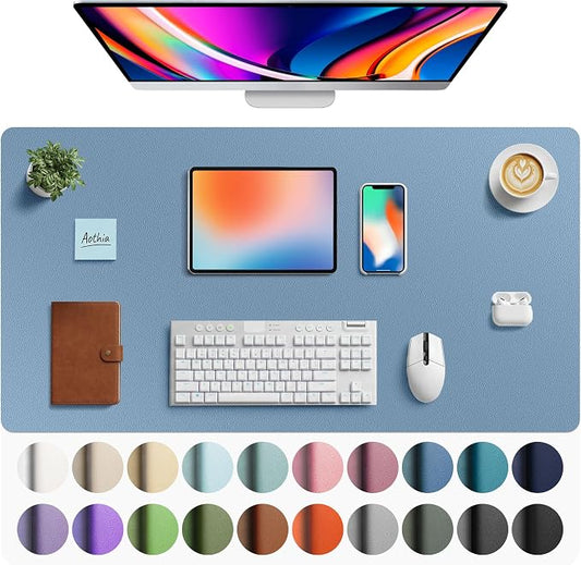 Aothia Faux Leather Desk Mat - Large Mouse Pad, Non-Slip PU Leather Blotter, Waterproof Writing Surface for Office and Home (Denim Blue, 40" x 24")