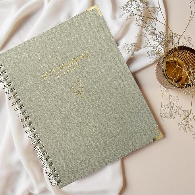 Wedding Planner Book and Organizer for Bride - Elegant Linen Cover Wedding Planning Binder with Checklists,Pockets & Calendars,Perfect Engagement Gifts for Couples(Sage)