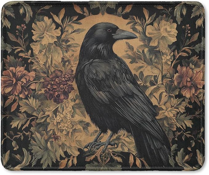 Moody Vintage Floral Raven Mouse Pad, William Morris Inspired Gothic Dark Cottagecore Flower Crow Mouse Pad for Home Office Computer Gaming Desk Essentials, 9.5x7.9 Inch
