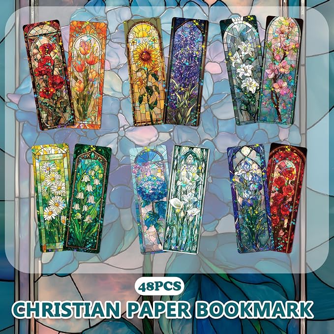 48 Pcs Stained Glass Bookmarks, Colorful Glass Flower Paper Bookmark Bulk for Women Man, Aesthetic Floral Book Mark Gift for Reading Lovers Library Accessories