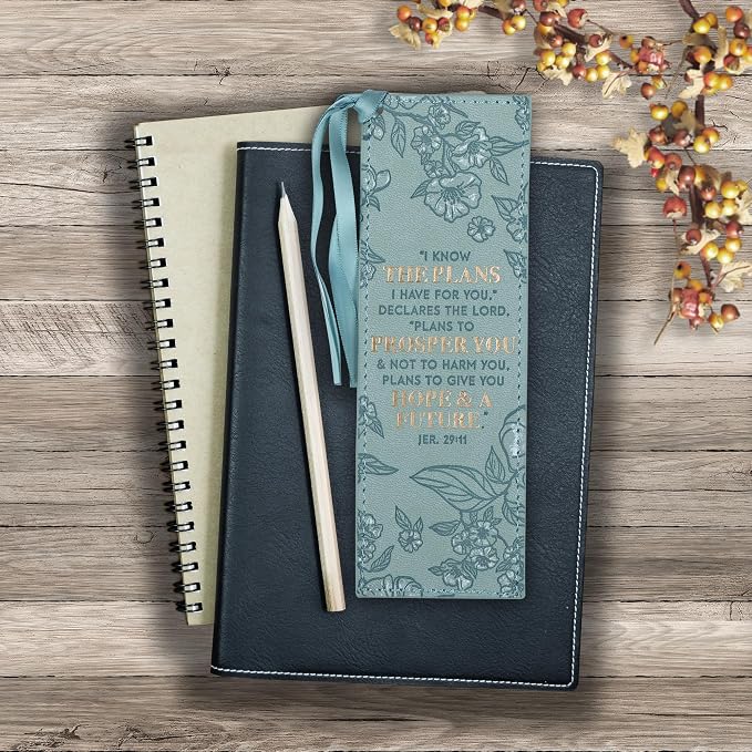 Christian Art Gifts Premium Vegan Faux Leather Scripture Bookmark for Women: I Know The Plans I Have For You - Jeremiah 29:11 Inspirational Bible Verse, Heat-Debossed, Reading Accessory w/Tassel, Teal