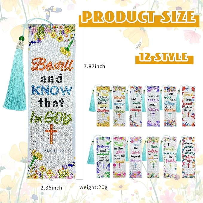 12Pcs Christian Bible Verse Diamond Art Bookmark for Adults Flower Cross 5d Diamond Painting Bookmarks with Tassel for DIY Making Kit for Reading Lover Book Lover DIY Crafts Religious Gift