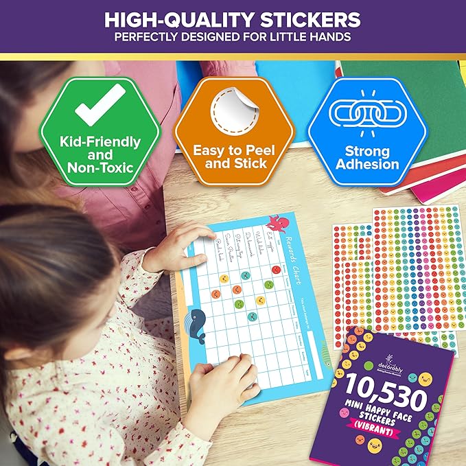 Decorably 10,530 Happy Face Small Stickers for Kids Reward Chart - 45 Sheets Sticker Chart Stickers Small for Classroom Activities, Positive Reinforcement, Arts & Crafts, Scrapbooking, Gift