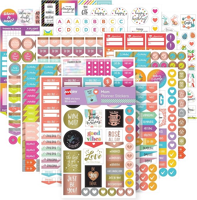 Avery Mom Planner Stickers Variety Pack, 30 Sheets, 1,682 Stickers for Your Planner, Journal or Calendar (6780)